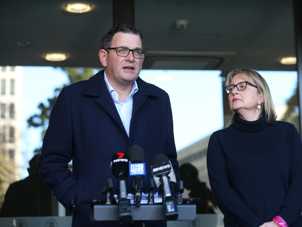 Victoria’s Premier Daniel Andrews and new deputy premier Jacinta Allan of the Labor Party leaving a caucus meeting to make new appointments to the cabinet. Picture: NCA NewsWire /Brendan Beckett