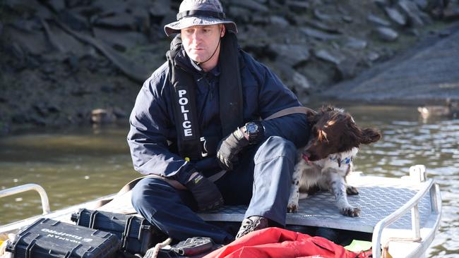 Tasmania Police divers and cadaver dog setting off from Riverside's Tailrace Park en route to the area of the North Esk River between Hobler's Bridge and Henry St bridge, July 26, 2023. Picture: Alex Treacy