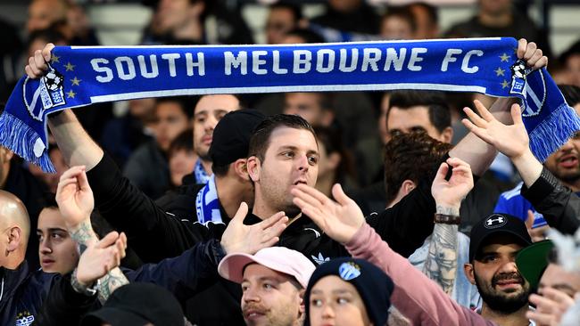 South Melbourne fans chant songs, during the FFA cup semi final match between South Melbourne FC and Sydney FC, played at Lakeside stadium in Melbourne, Wednesday, October 11, 2017. (AAP Image/Joe Castro) NO ARCHIVING, EDITORIAL USE ONLY