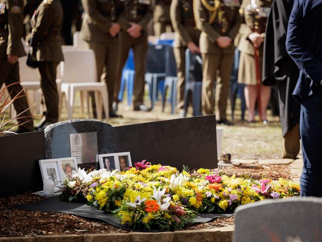Wreaths laid at Swartz Barracks in Oakey, Queensland, for the commemoration service for the one year anniversary of the MRH-90 Taipan tragedy. On July 28, 2023, an Australian Army MRH-90 Taipan helicopter ditched into the sea near Lindeman Island in the Whitsundays during a night-time training activity as part of Exercise Talisman Sabre 2023, claiming the lives of four men. Picture: Australian Department of Defence