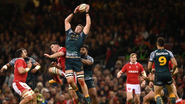 Wallaby Izack Rodda climbs high in a Test against Wales.