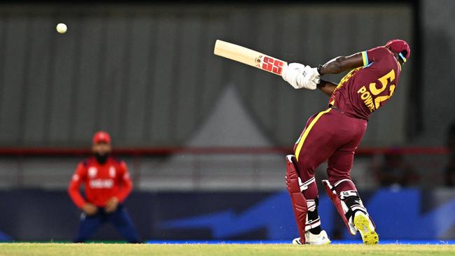 West Indies' captain Rovman Powell hits a six against England. Picture: AFP