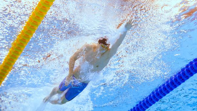 China's Zhanle Pan competes in the final of the men's 4X100m freestyle relay. Picture: AFP