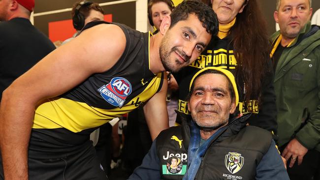 Marlion Pickett and his dad, Thomas, after the 2019 Grand Final. Picture: Michael Klein.