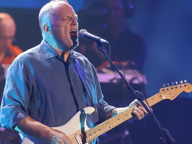 Pink Floyd's Dave Gilmour plays a Fender Stratocaster 001 at Wembley Arena in 2004.