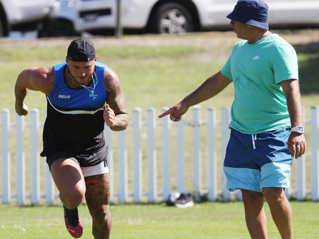 Sprint coach Roger Fabri puts Bronson Xerri through his paces. Picture: John Grainger