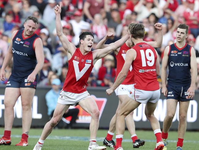 23/09/18 - SANFL - Grand Final - Norwood v North Adelaide at the Adelaide Oval. Samuel McInerney celebrates his goal with Lewis Hender in the 4th quarter. Picture SARAH REED