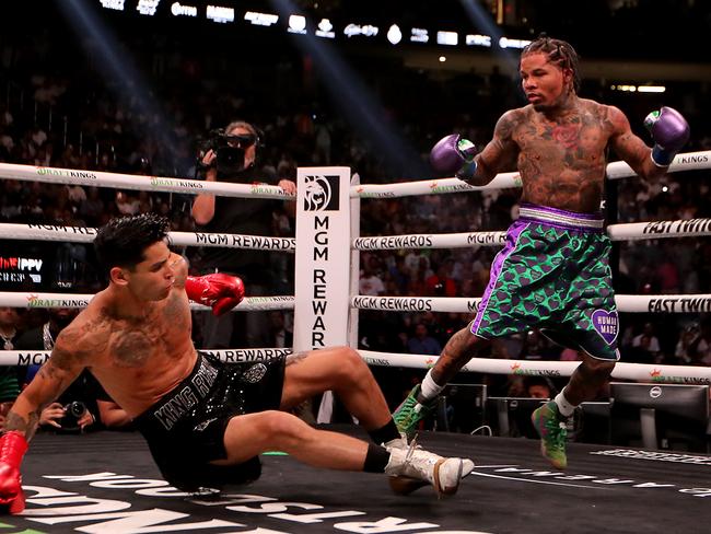 Las Vegas, NV - April 20: Gervonta Davis floors Ryan Garcia with a left hand in the second round of their prizefight at T-Mobile Arena in Las Vegas on Saturday, April 22, 2023. (Luis Sinco / Los Angeles Times via Getty Images)