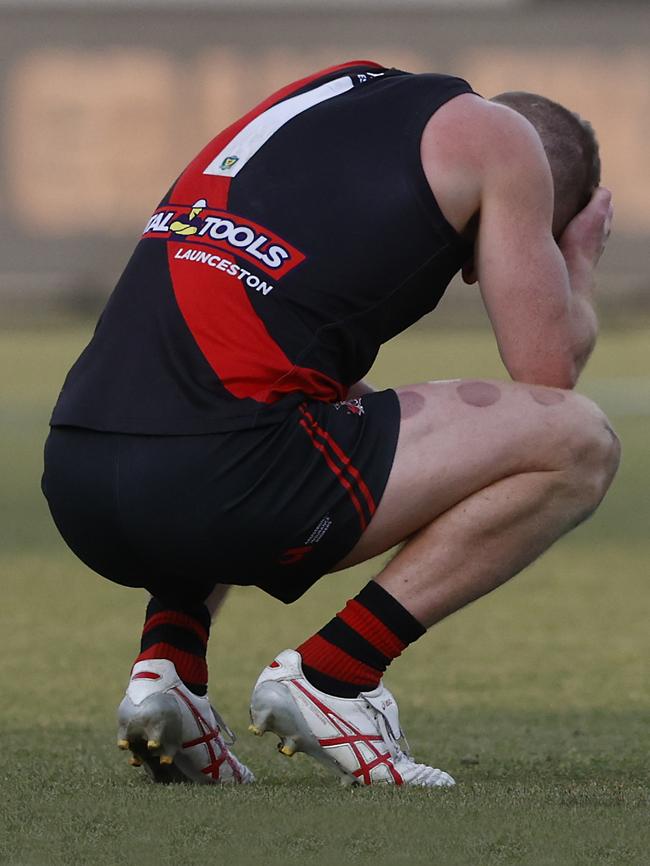 Brad Cox-Goodyer takes a moment after the final siren and North Launceston winning. TSL grand final 2024 - North Launceston V Lauderdale. Picture: Nikki Davis-Jones