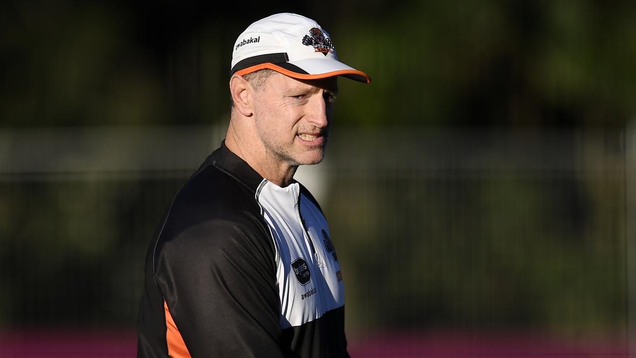 BRISBANE, AUSTRALIA - JULY 21: Wests Tigers coach Michael Maguire looks on during a Wests Tigers NRL training session at Gilbert Park on July 21, 2021 in Brisbane, Australia. (Photo by Albert Perez/Getty Images)