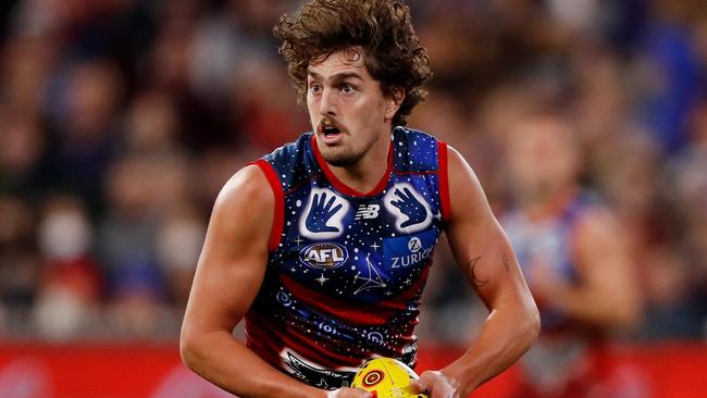 MELBOURNE, AUSTRALIA - MAY 28: Luke Jackson of the Demons in action during the 2022 AFL Round 11 match between the Narrm Demons and the Fremantle Dockers at the Melbourne Cricket Ground on May 28, 2022 in Melbourne, Australia. (Photo by Dylan Burns/AFL Photos via Getty Images)