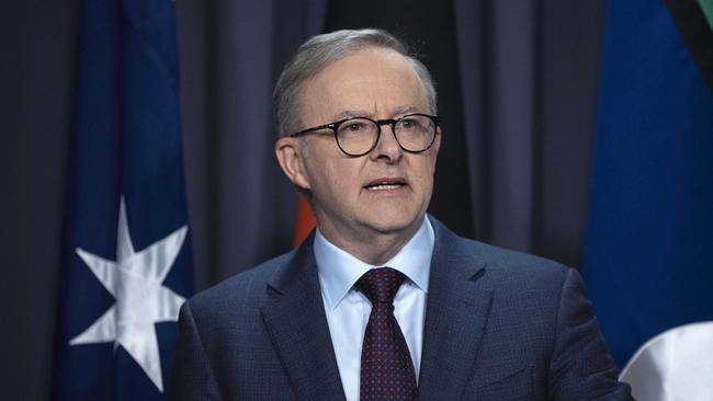 Prime Minister Anthony Albanese addresses media about Scott Morrison secret jobs saga. Picture: Gary Ramage