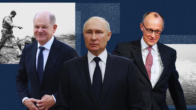 Olaf Scholz, the present chancellor of Germany; President Vladimir Putin of Russia; Christian Democrat Friedrich Merz.