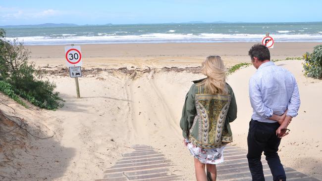 Cr Adam Belot (right) and Clair Fitzpatrick walk the incline at the Bangalee access to Farnborough Beach. File photo.