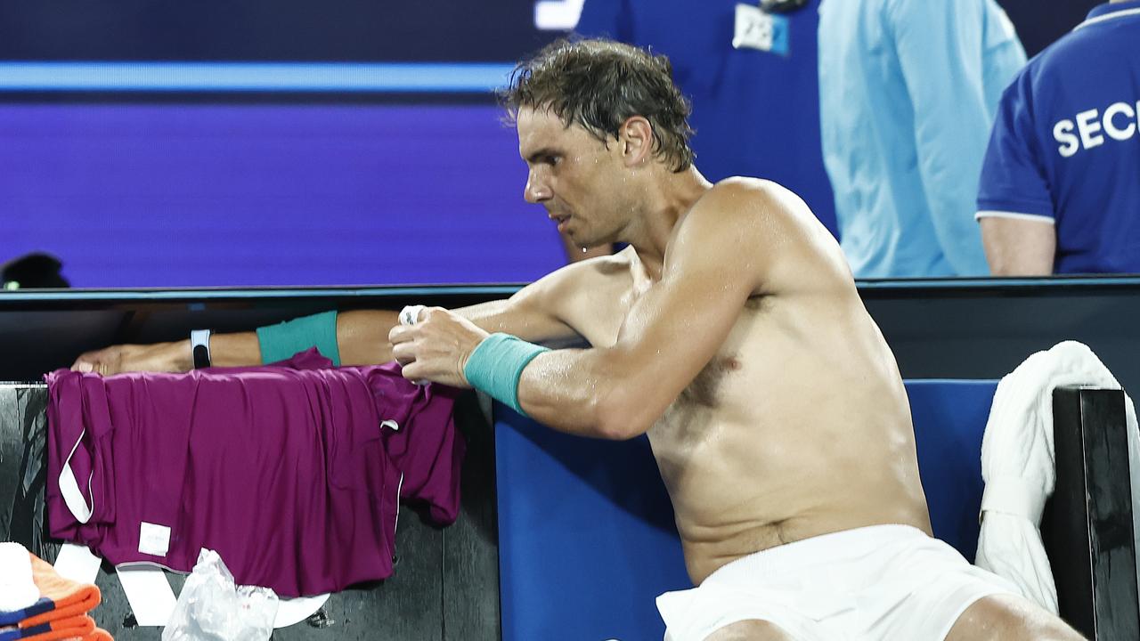 Rafael Nadal was changing shirts almost every set. Photo by Darrian Traynor/Getty Images