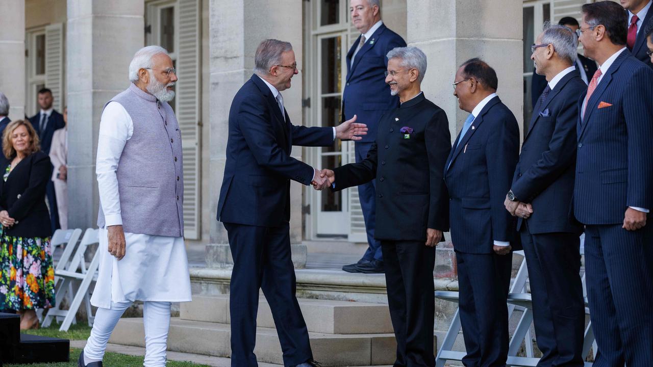 Mr Albanese, alongside Mr Modi, greets the Indian Delegation. Picture: NCA NewsWire / David Swift