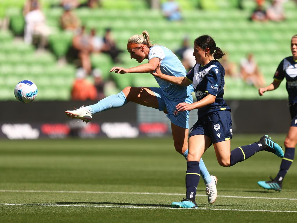 Wilkinson lashes one of her five goals home for City. Picture: Getty Images