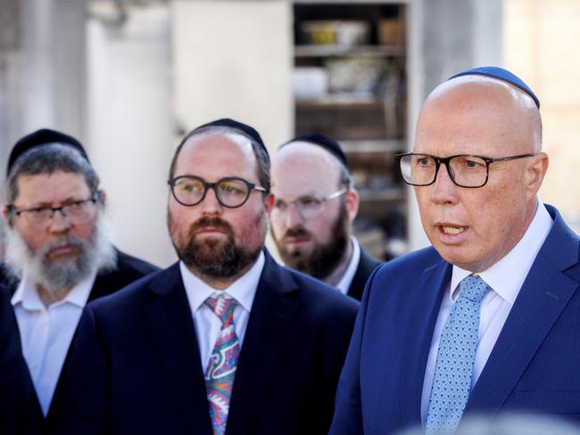 MELBOURNE, AUSTRALIA - NewsWire Photos - March 17, 2025: Opposition Leader Peter Dutton visits the Adass Israel Synagogue of Melbourne which was destroyed by an arson attack in December 2024Picture: NewsWire / David Geraghty