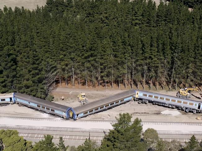 Still image captured from drone footage of the Wallan Train derailment site provided by Australian Rail Track Corporation.