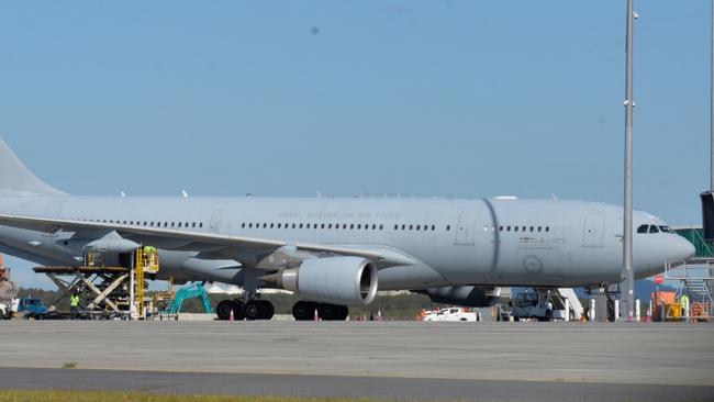 A RAAF KC-30A Multi-Role Tanker Transport (MRTT) spotted at the Brisbane airport on Wednesday. It was likely preparing to head to Exercise Talisman Sabre 2021. The MRTT is modified Airbus A330 airliner. Picture: Alistair Bulmer