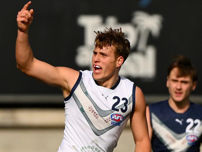 MELBOURNE, AUSTRALIA - JULY 16: George Stevens of Vic Country celebrates a goal during the 2023 U18 Boys Championships match between Vic Country and Vic Metro at Ikon Park on June 16, 2023 in Melbourne, Australia. (Photo by Morgan Hancock/AFL Photos via Getty Images)