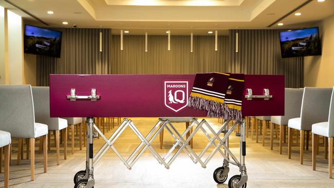 A Queensland Maroons coffin. Picture: Richard Walker