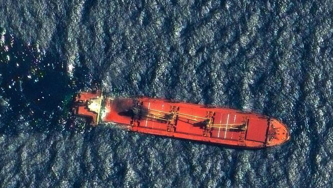 Maxar satellite image of the cargo ship Rubymar leaking oil before it sank. Picture; AFP.