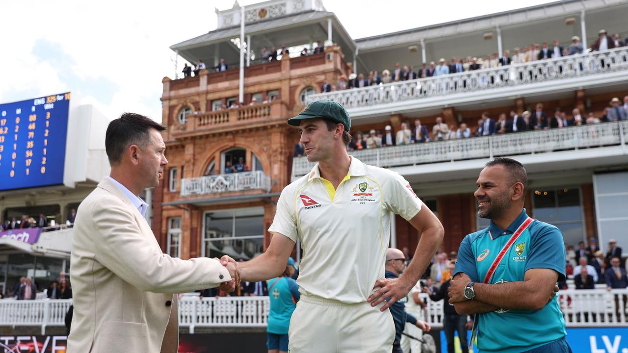 Pat Cummins (centre) is congratulated by Ricky Ponting after Day Five of the second Test match between England and Australia at Lord's. (Photo by Ryan Pierse/Getty Images)