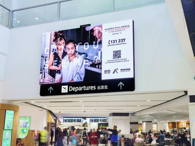 Sydney and Melbourne airport will now display images and messages about human trafficking on digital screens and billboards. Picture: Supplied.