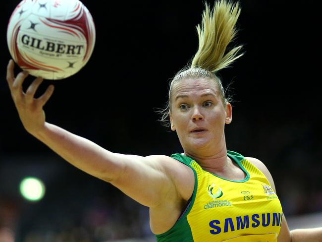 LONDON, ENGLAND - JANUARY 20: Australia's Caitlin Thwaites in action during the Netball Quad Series Vitality Netball International match between South Africa and Australia at Copper Box Arena on January 20, 2018 in London, England. (Photo by Charlie Crowhurst/Getty Images)