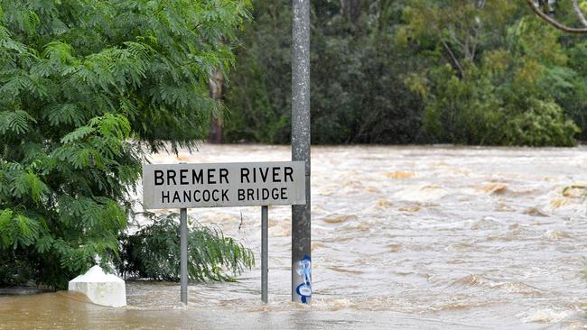 The Hancock Bridge goes under at the Bremer River in February, 2022. The Bremer River Bridge also is often cut. Picture: John Gass