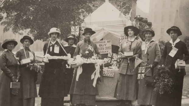 Women collectors near Macquarie Place in Sydney during World War I, fundraising for Australia Day, on July 30, 1915.