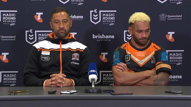 Benji Marshall and Api Koroisau were dejected after the Tigers' defeat.