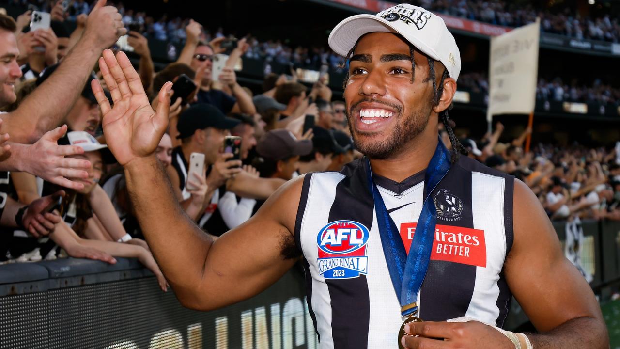 MELBOURNE, AUSTRALIA - SEPTEMBER 30: Isaac Quaynor of the Magpies celebrates during the 2023 AFL Grand Final match between the Collingwood Magpies and the Brisbane Lions at the Melbourne Cricket Ground on September 30, 2023 in Melbourne, Australia. (Photo by Dylan Burns/AFL Photos via Getty Images)
