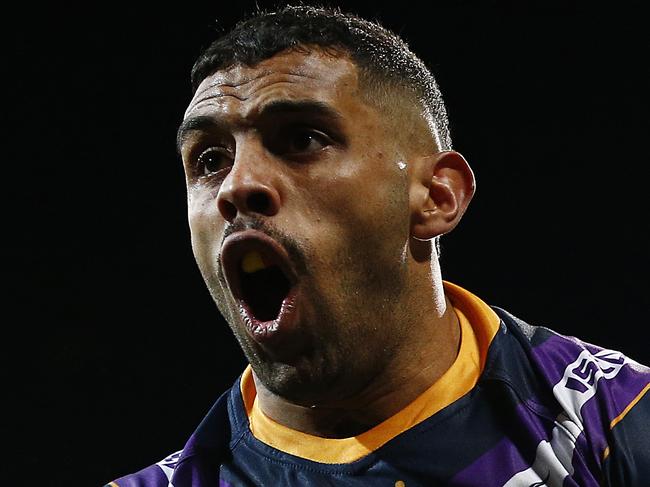 MELBOURNE, AUSTRALIA - SEPTEMBER 21: Josh Addo-Carr of the Storm celebrates scoring a try during the NRL Semi Final match between the Melbourne Storm and the Parramatta Eels at AAMI Park on September 21, 2019 in Melbourne, Australia. (Photo by Daniel Pockett/Getty Images)