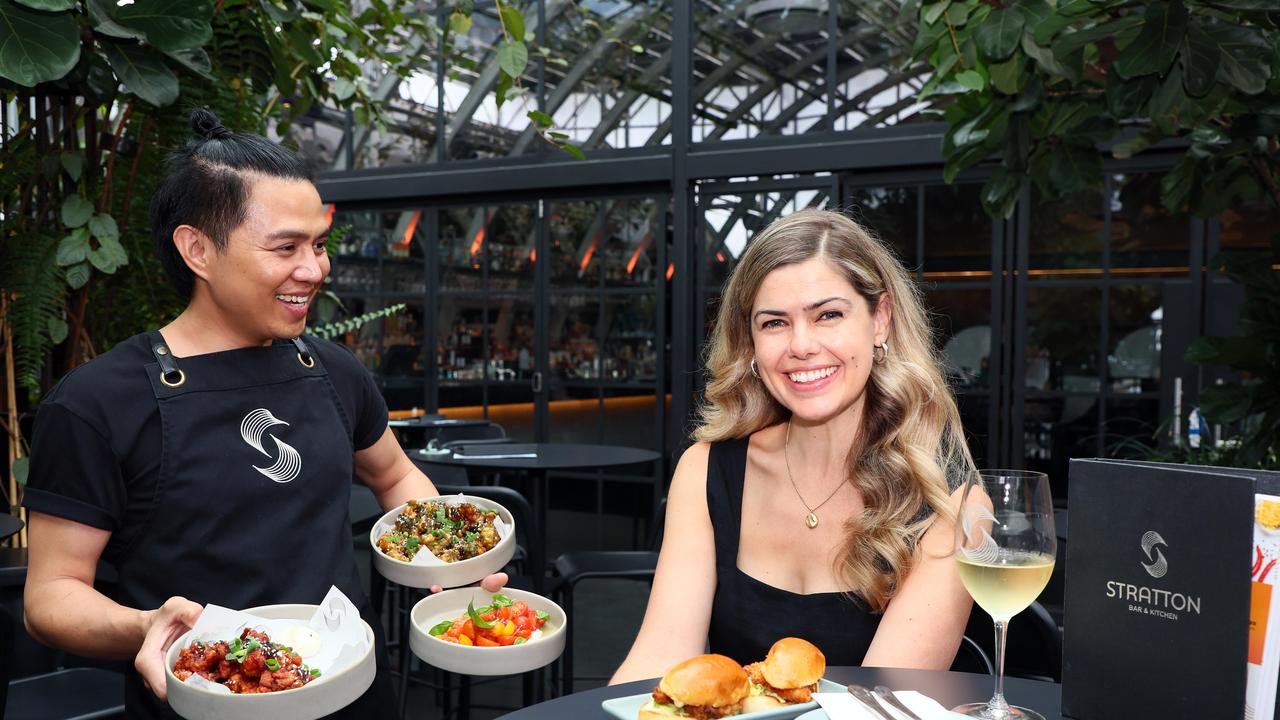 Staffer Nara Azis, left, with Tarryn McMullen, owner of the Stratton Bar and Kitchen in Brisbane, will take part in the AMEX Delicious Month Out event. Picture: NCA NewsWire/Tertius Pickard