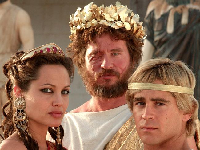 Philip as portrayed by Val Kilmer, with Angelina Jolie as his wife Olympias and Colin Farrell as Alexander the Great in the 2004 movie Alexander.