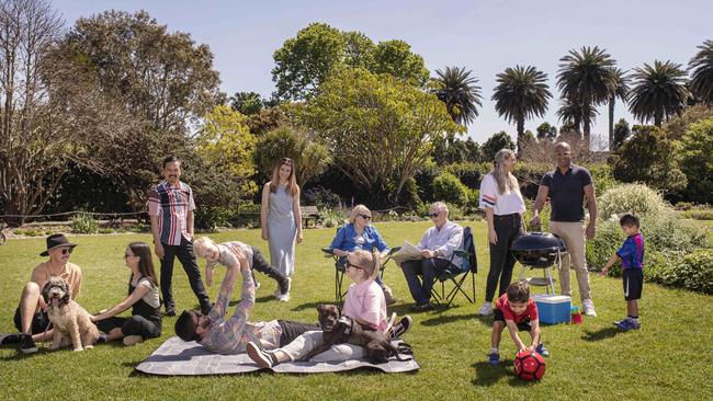 Labor Federal Budget 2022: left to right, Josh Jones and Lizzy May and their dog, Junie. Darto Darto, 53 (back row). Samuel Maybury, his wife Alysha and their one-year-old son Parker, and dog Baxter. Freya Leach, 19. Rosie and Michael Parkinson. Greta Sanmuganathan and husband Ramesh with their sons, Judah, 3 &amp; Ezekiel, 4. Picture: Nic Walker