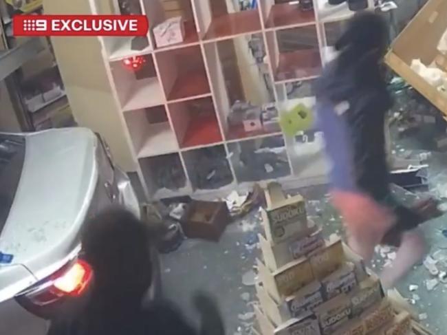 Masked thieves ram-raid a southwest Brisbane news agency. Picture: 9 News