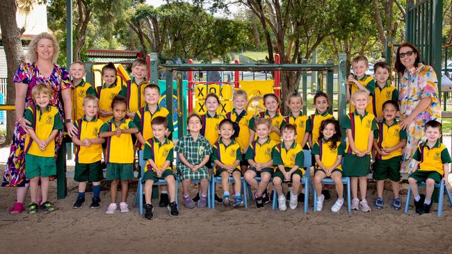 My First Year 2023: Drayton State School Prep students with teacher aide Hailey Hennesy (left) and deputy principal Mandy Stewart, February 2023. Picture: Bev Lacey