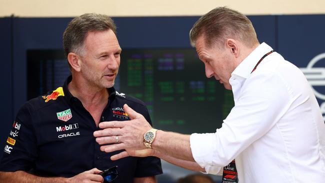 Christian Horner talks with Jos Verstappen at the Bahrain Grand Prix. (Photo by Clive Rose/Getty Images)