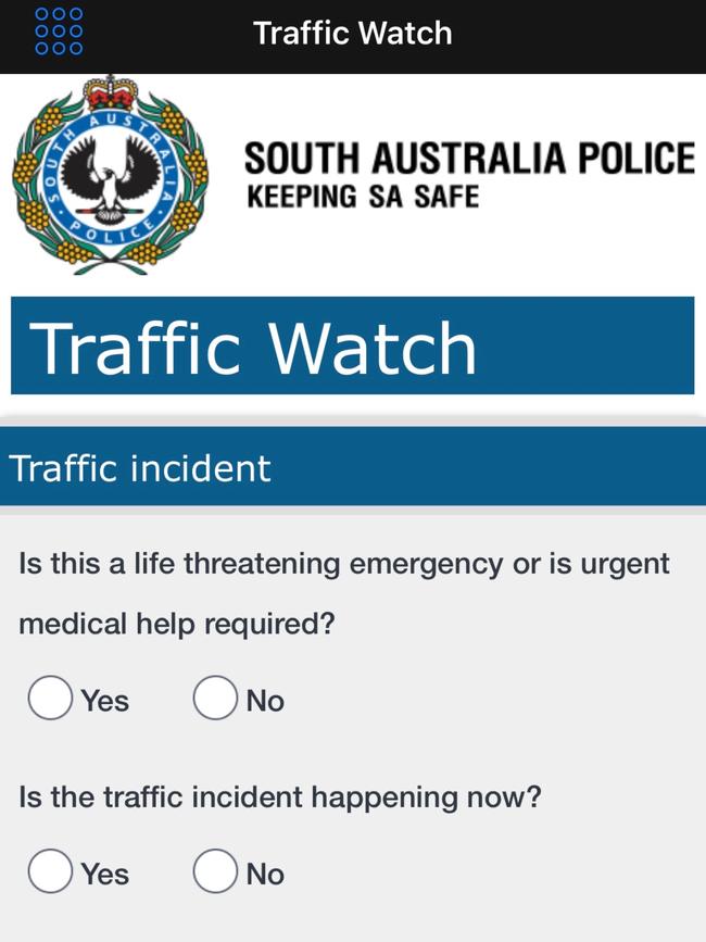 Screenshot from the new Traffic Watch app which will allow people ro report traffic incidents to SAPOL in realtime.