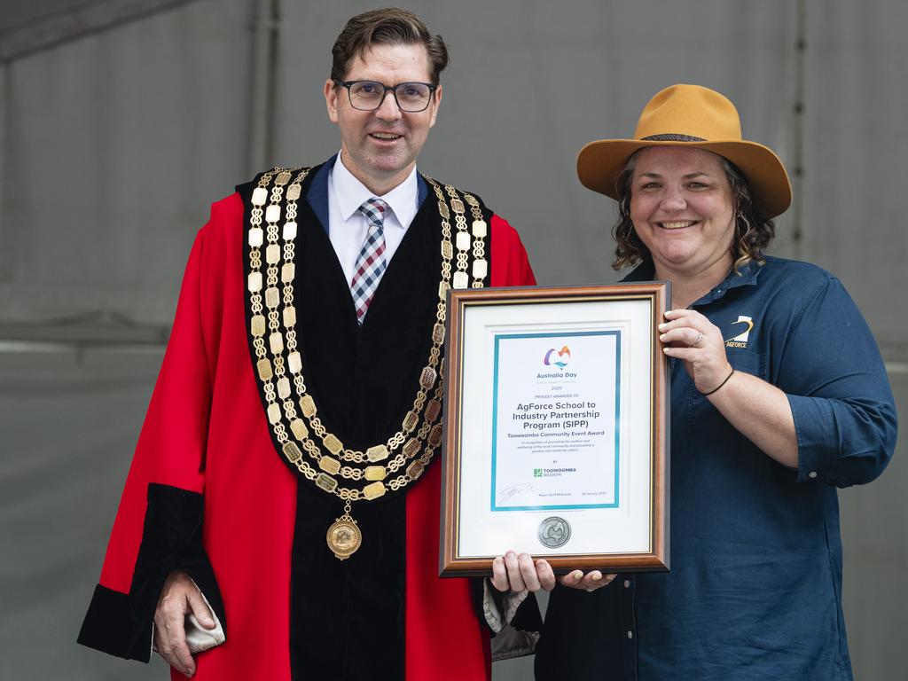 The Moo Baa Munch event, run by AgForce School to Industry Partnership Program, is named the Toowoomba Community Event award recipient, representing AgForce is Kelllie Blinco with Toowoomba Mayor Geoff McDonald at Toowoomba Australia Day celebrations at Picnic Point, Sunday, January 26, 2025. Picture: Kevin Farmer