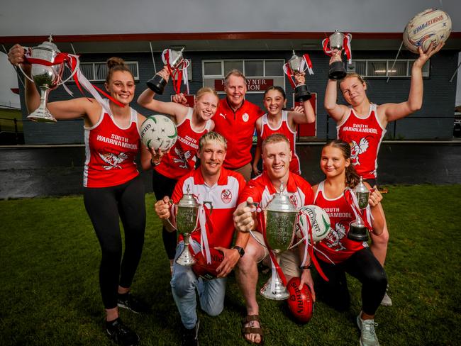 South Warrnambool premiership footy and netball players (back row) Annie Blackburn, Matilda Stevens, club president John Ross, Rosie Thornton, Saylah Veale and (front row) Stuart Brown, Harry Lee and Lottie McCosh. Picture: Nicole Cleary