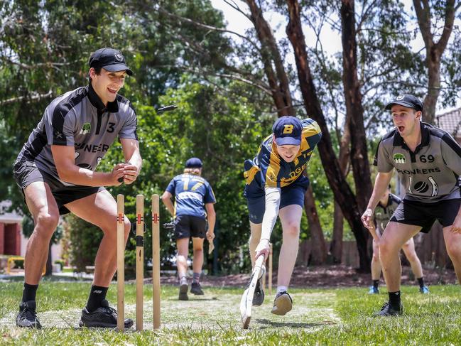 Vermont BYC was formed by  a group of 12 friends from the Camberwell area who have been playing backyard cricket together for over 8 years now. Sam Weideman for The Pioneers runs out Ben Gibson for The Badgers. Picture : Ian Currie