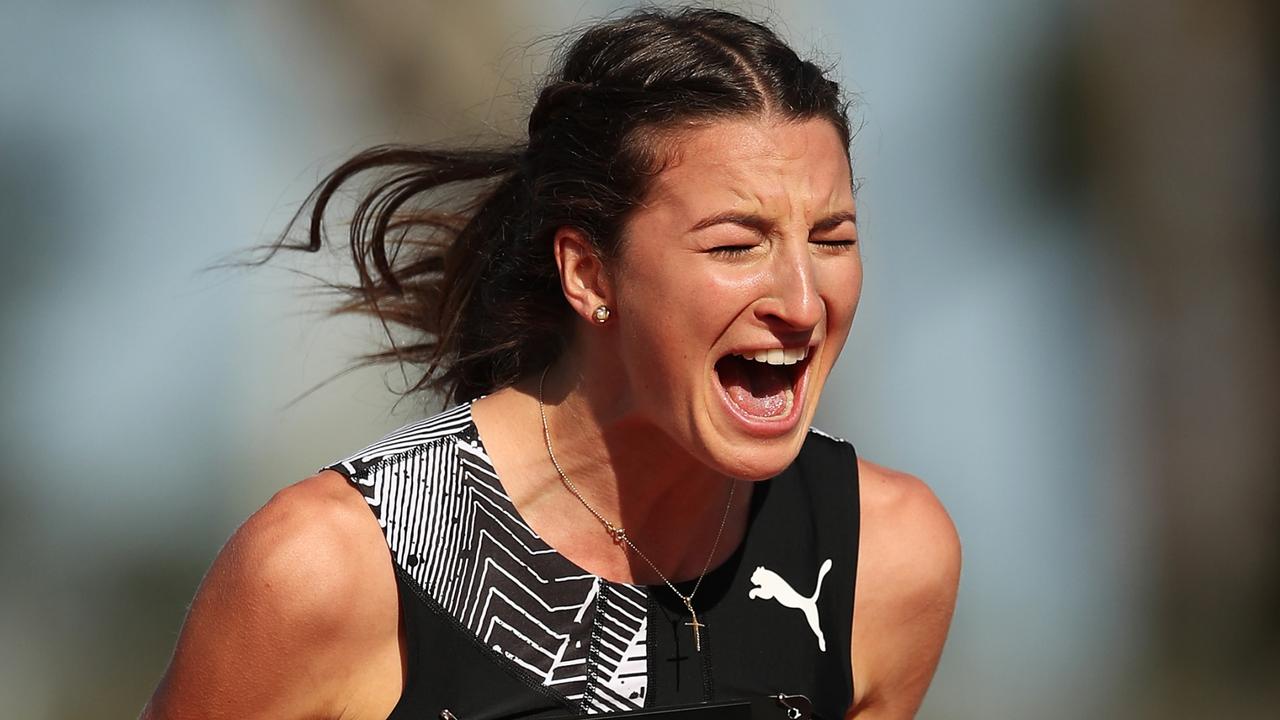 Nicola McDermott celebrates clearing the 2 metre mark at the Australian Track &amp; Field Championships at Sydney Olympic Park Athletic Centre on April 18. Photo: Getty Images