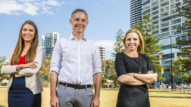 Gold Coast Labor candidates for the upcoming Queensland election — Meaghan Scanlon, Rowan Holzberger and Georgi Leader. Photo: Glenn Hunt / The Australian