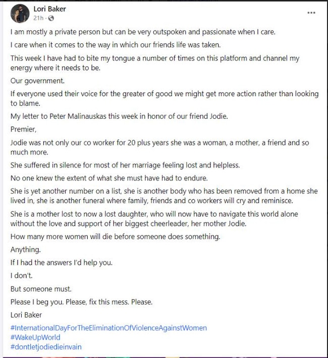 Lori Baker's letter on Facebook.