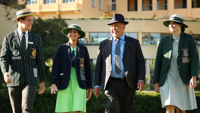 Noel Pearson with Mason Black, 18, Dinethra Epa and Shonteia Warradoo, 17, from the Lockhart River district. Picture: Liam Kidston.