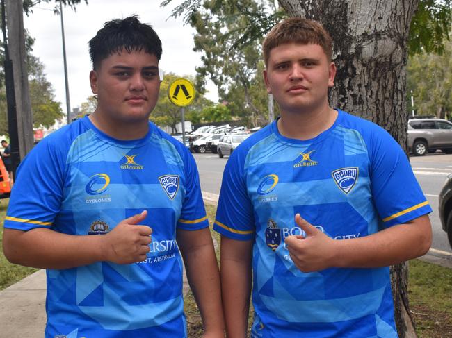 Gold Coast under-16 boys players Ryder Nathan and Jack Kennedy at the Queensland Country Rugby Championships in Rockhampton on June 29, 2024.